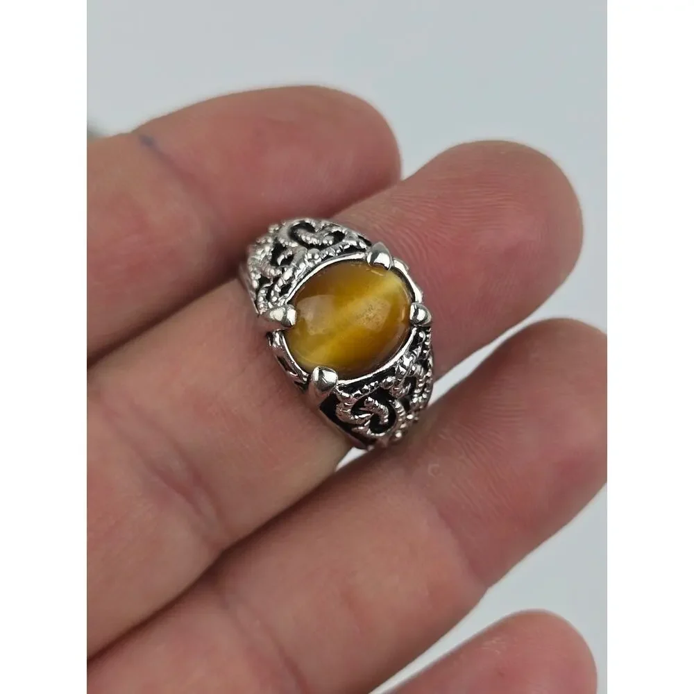 Men's Tiger's Eye sterling silver ring Medieval design Size 9.5 Tribal